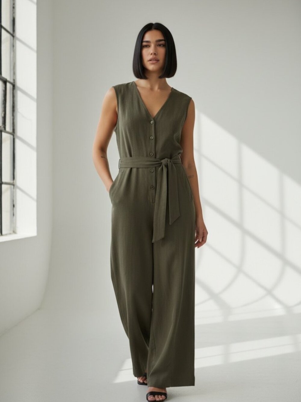 Calvin Klein Sz 12 Olive Green Belted Wide Leg Jumpsuit Safari Utility Coastal